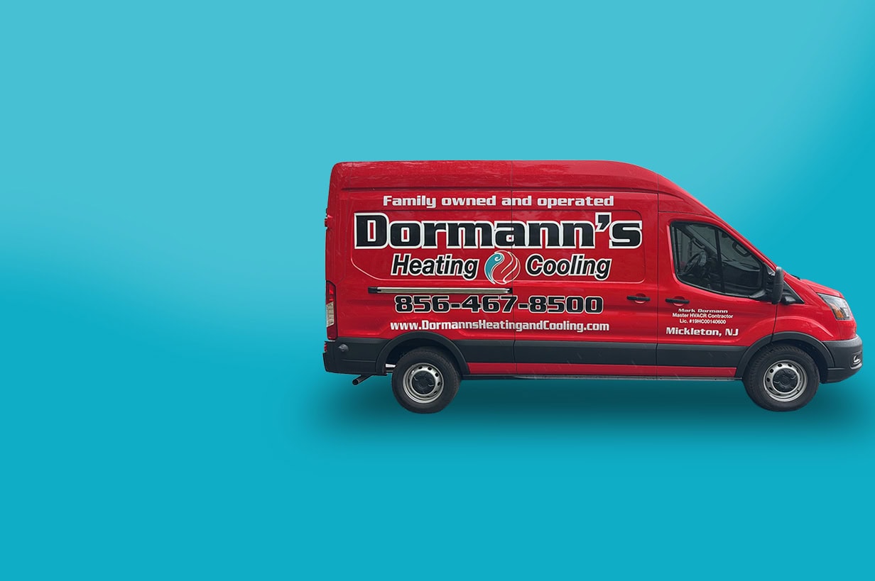 Dormann's work truck over a blue background.